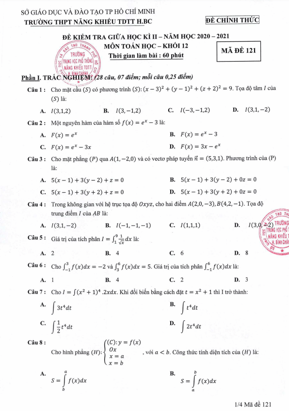 Đề thi GK2 lớp 12 môn Toán năm 2020 2021 trường Năng khiếu TDTT Bình Chánh TP HCM