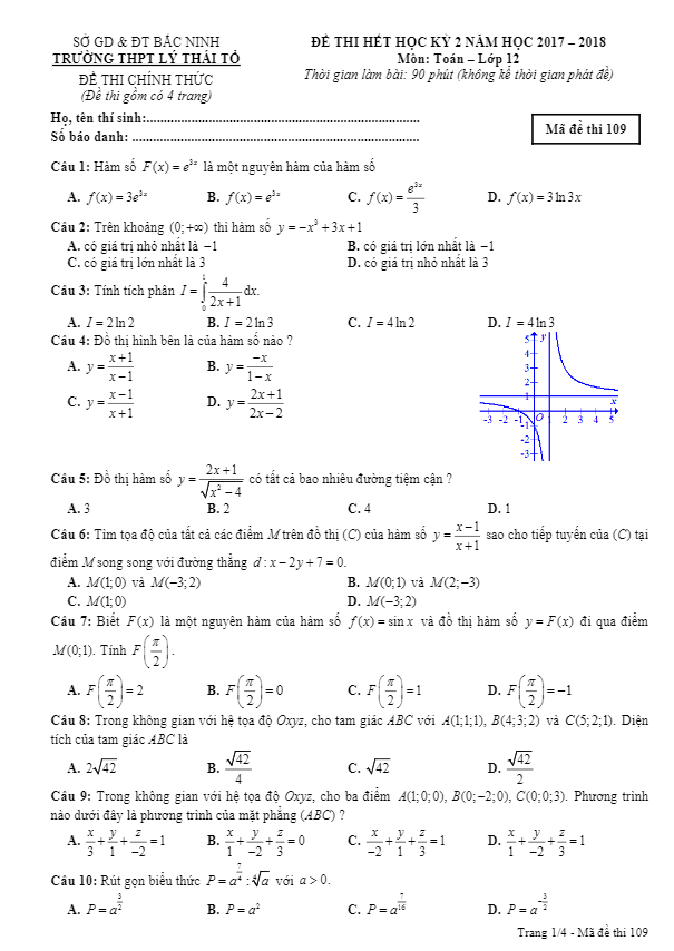 Đề thi hết học kì 2 (HK2) lớp 12 môn Toán năm 2017 2018 trường Lý Thái Tổ Bắc Ninh