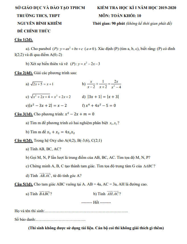 Đề thi HKI lớp 10 môn Toán năm 2019 2020 trường Nguyễn Bỉnh Khiêm TP HCM