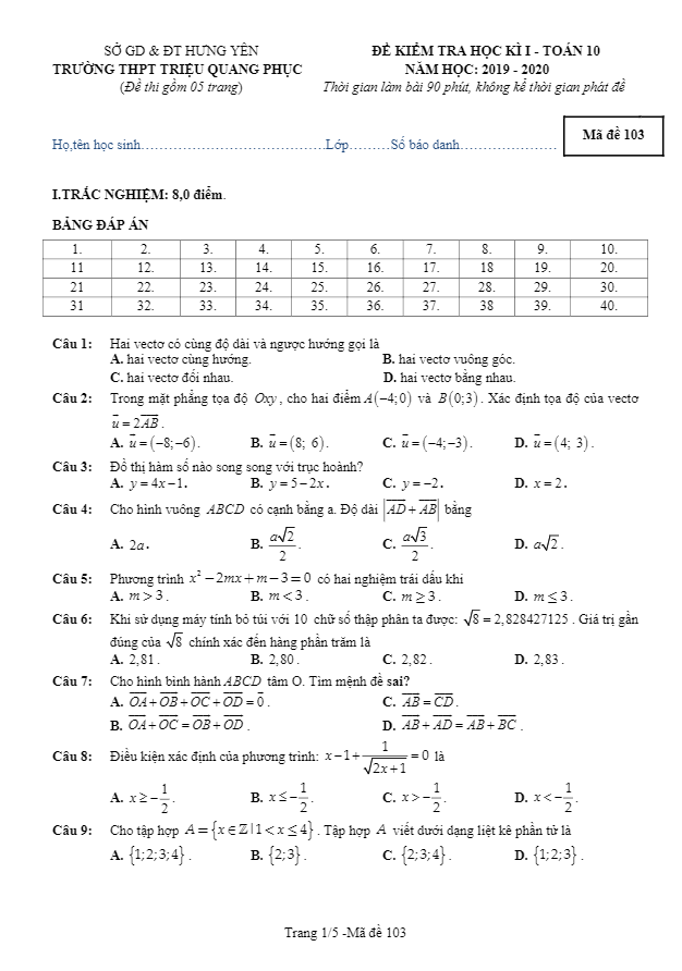 Đề thi HKI lớp 10 môn Toán năm 2019 2020 trường Triệu Quang Phục Hưng Yên
