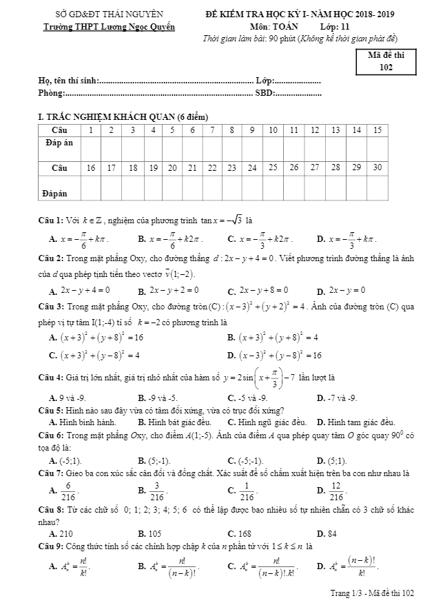 Đề thi HKI lớp 11 môn Toán năm 2018 2019 trường Lương Ngọc Quyến Thái Nguyên