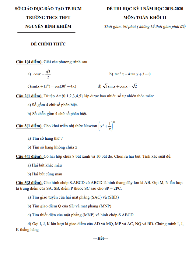 Đề thi HKI lớp 11 môn Toán năm 2019 2020 trường Nguyễn Bỉnh Khiêm TP HCM