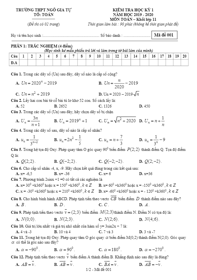 Đề thi HKI lớp 11 môn Toán năm 2019 2020 trường THPT Ngô Gia Tự Đắk Lắk