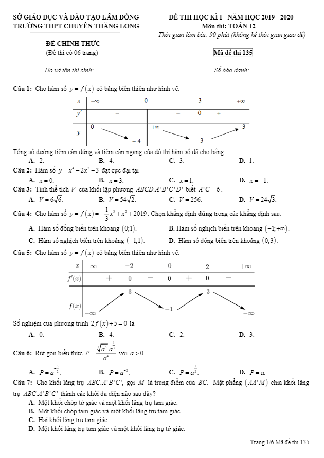 Đề thi HKI lớp 12 môn Toán năm 2019 2020 trường chuyên Thăng Long Lâm Đồng