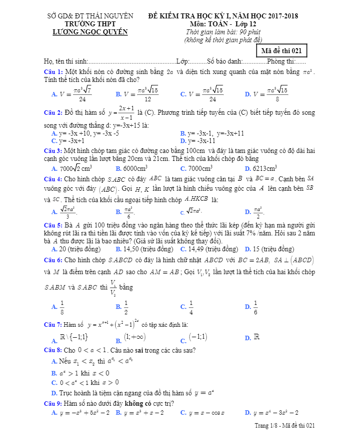 Đề thi HKI lớp 12 môn Toán năm học 2017 2018 trường THPT Lương Ngọc Quyến Thái Nguyên