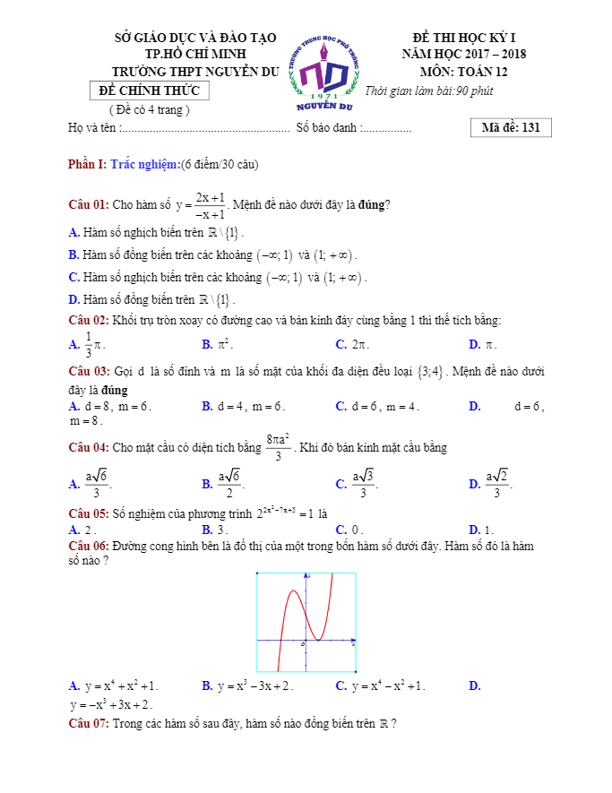 Đề thi HKI lớp 12 môn Toán năm học 2017 2018 trường THPT Nguyễn Du TP. HCM