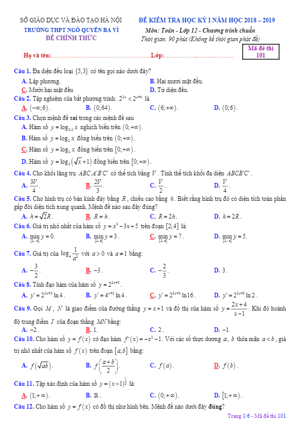 Đề thi HKI lớp 12 môn Toán năm học 2018 2019 trường THPT Ngô Quyền Hà Nội