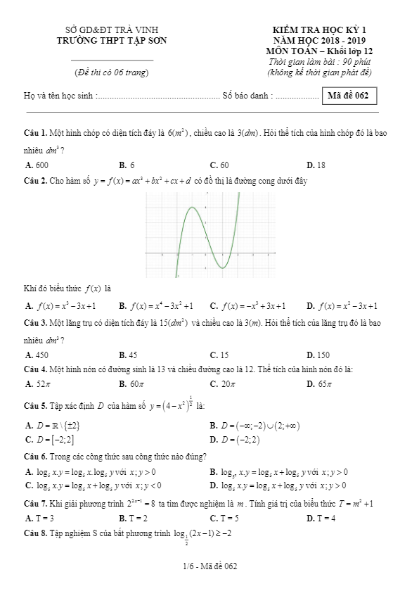 Đề thi HKI lớp 12 môn Toán năm học 2018 2019 trường THPT Tập Sơn Trà Vinh