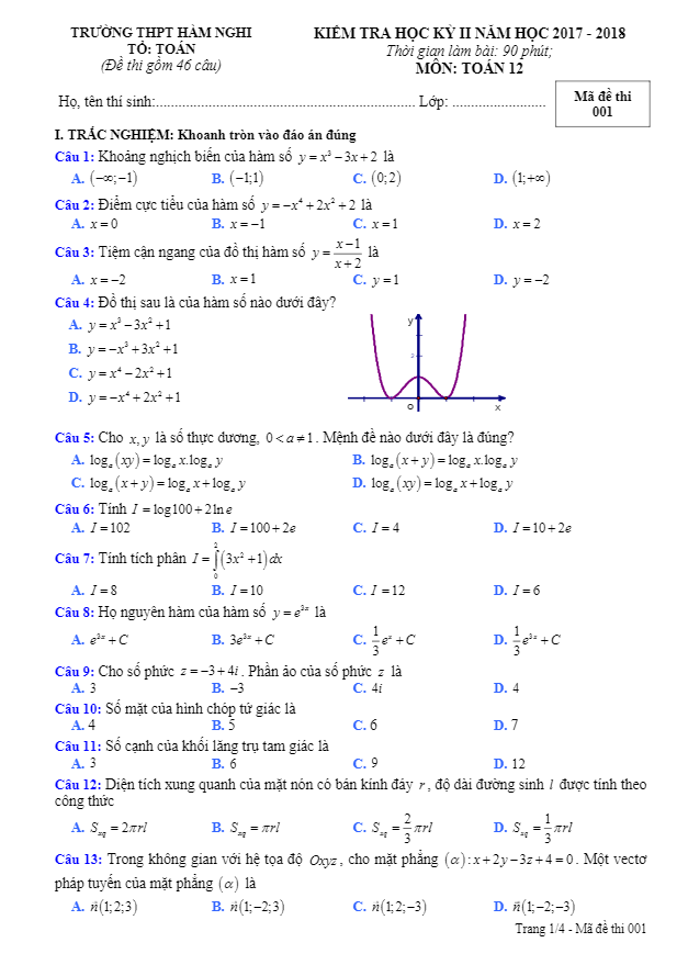 Đề thi HKII lớp 12 môn Toán năm học 2017 2018 trường THPT Hàm Nghi Hà Tĩnh