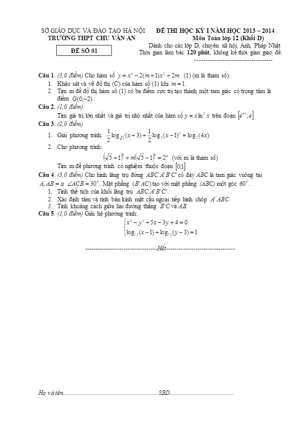 Đề thi học kì 1 (HK1) ban cơ bản trường Chu Văn An Hà Nội 2013 2014