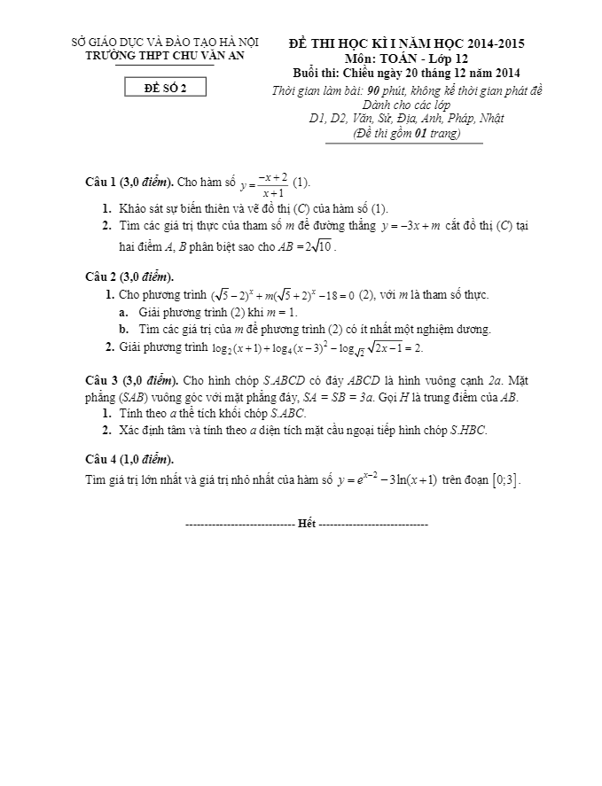Đề thi học kì 1 (HK1) ban cơ bản trường Chu Văn An Hà Nội 2014 2015