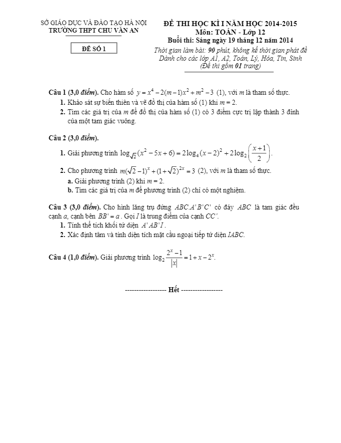Đề thi học kì 1 (HK1) ban nâng cao trường Chu Văn An Hà Nội 2014 2015