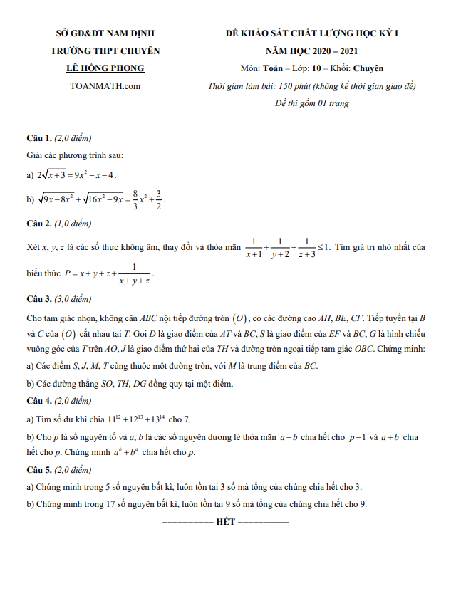 Đề thi học kì 1 (HK1) lớp 10 môn Toán chuyên năm 2020 2021 trường chuyên Lê Hồng Phong Nam Định