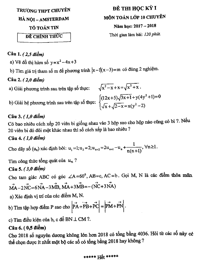 Đề thi học kì 1 (HK1) lớp 10 môn Toán chuyên năm học 2017 2018 trường THPT chuyên Hà Nội Amsterdam
