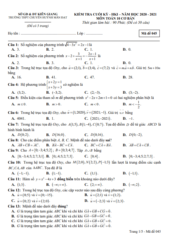 Đề thi học kì 1 (HK1) lớp 10 môn Toán cơ bản năm 2020 2021 trường chuyên Huỳnh Mẫn Đạt Kiên Giang