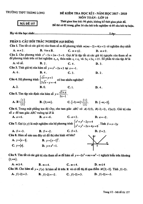 Đề thi học kì 1 (HK1) lớp 10 môn Toán năm 2017 2018 trường THPT Thăng Long Hà Nội