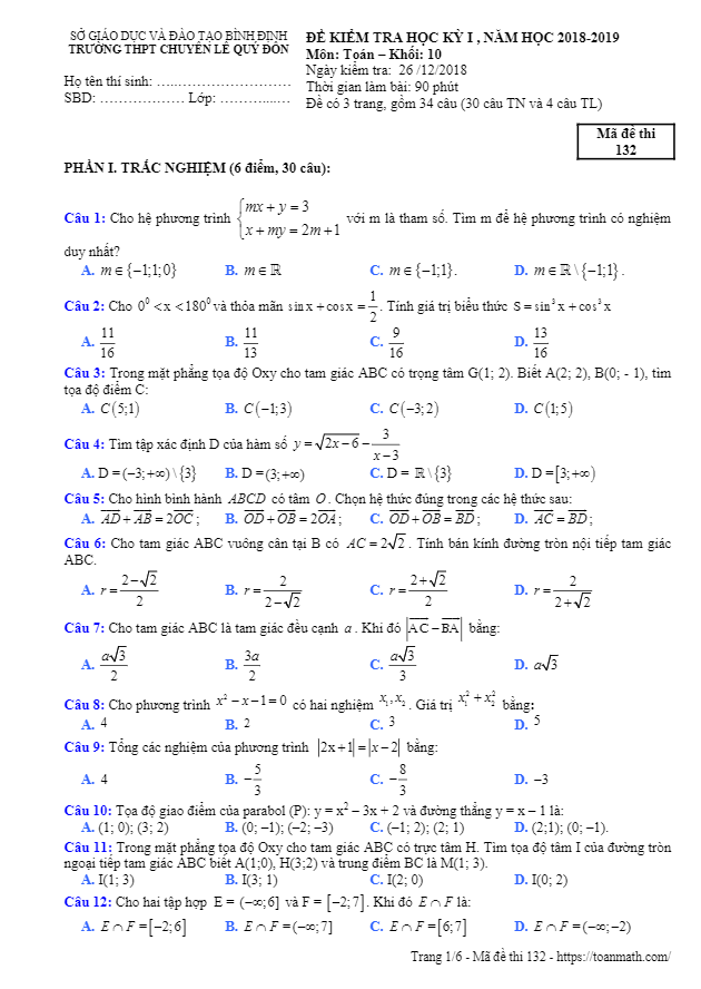 Đề thi học kì 1 (HK1) lớp 10 môn Toán năm 2018 2019 trường chuyên Lê Quý Đôn Bình Định