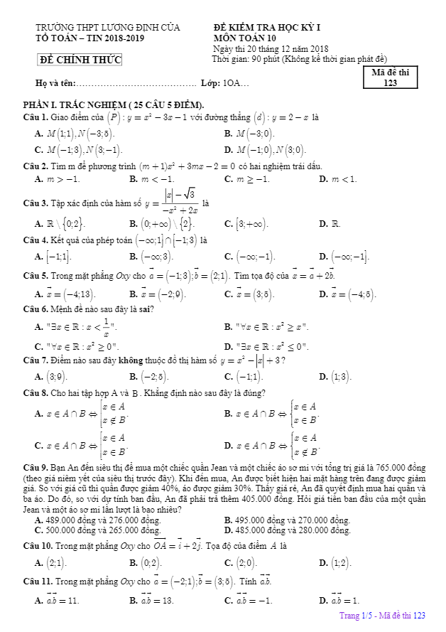 Đề thi học kì 1 (HK1) lớp 10 môn Toán năm 2018 2019 trường Lương Định Của Cần Thơ