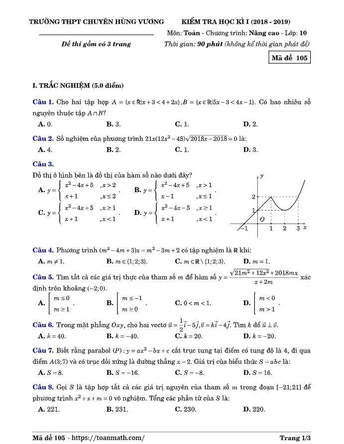 Đề thi học kì 1 (HK1) lớp 10 môn Toán năm 2018 2019 trường THPT chuyên Hùng Vương Bình Dương