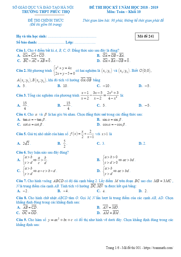 Đề thi học kì 1 (HK1) lớp 10 môn Toán năm 2018 2019 trường THPT Phúc Thọ Hà Nội