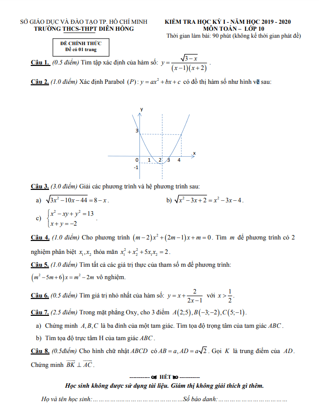 Đề thi học kì 1 (HK1) lớp 10 môn Toán năm 2019 2020 trường Diên Hồng TP HCM