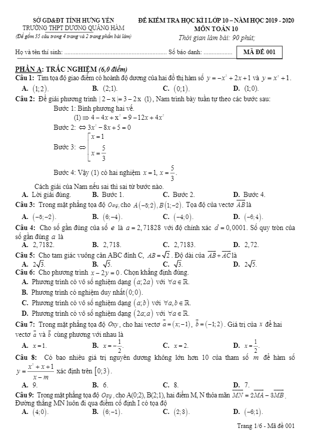 Đề thi học kì 1 (HK1) lớp 10 môn Toán năm 2019 2020 trường Dương Quảng Hàm Hưng Yên