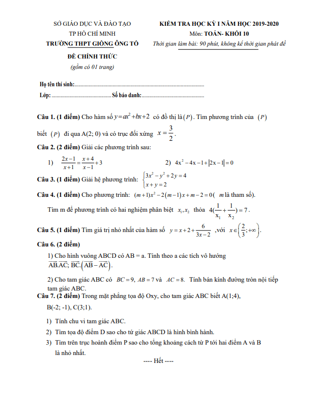 Đề thi học kì 1 (HK1) lớp 10 môn Toán năm 2019 2020 trường Giồng Ông Tố TP HCM