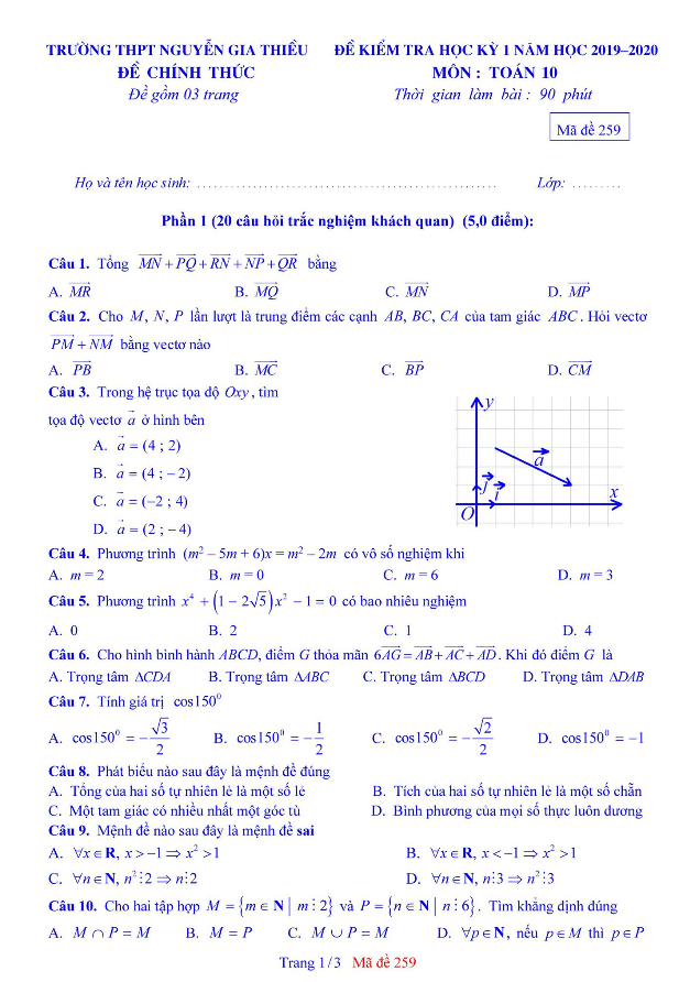 Đề thi học kì 1 (HK1) lớp 10 môn Toán năm 2019 2020 trường Nguyễn Gia Thiều Hà Nội