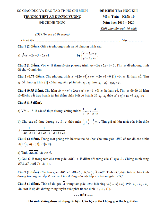 Đề thi học kì 1 (HK1) lớp 10 môn Toán năm 2019 2020 trường THPT An Dương Vương TP HCM