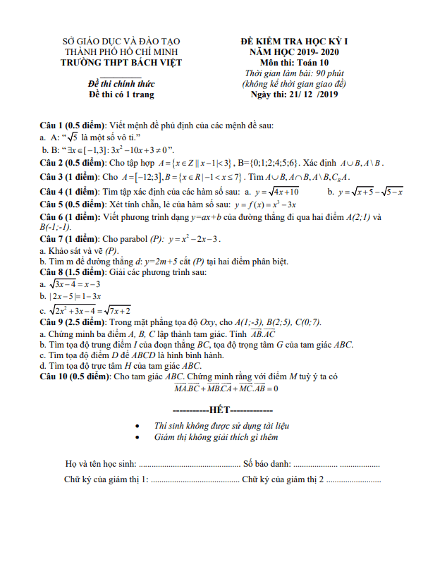 Đề thi học kì 1 (HK1) lớp 10 môn Toán năm 2019 2020 trường THPT Bách Việt TP HCM