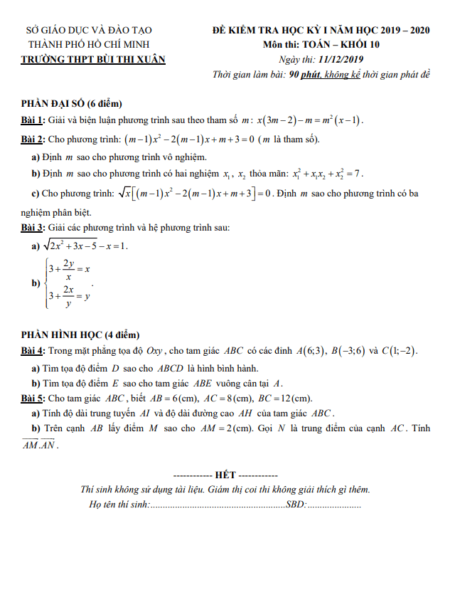 Đề thi học kì 1 (HK1) lớp 10 môn Toán năm 2019 2020 trường THPT Bùi Thị Xuân TP HCM