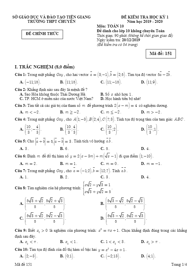 Đề thi học kì 1 (HK1) lớp 10 môn Toán năm 2019 2020 trường THPT chuyên Tiền Giang