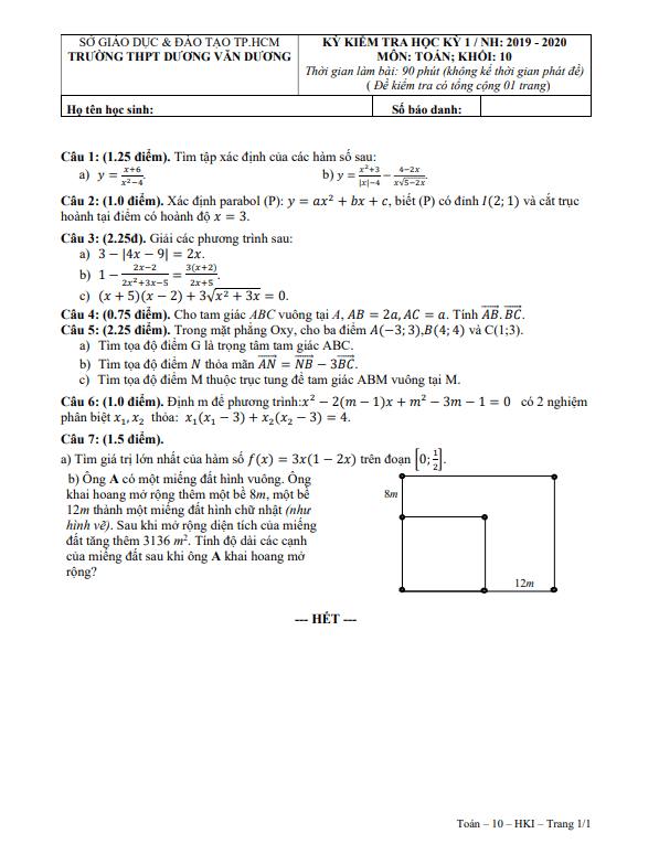 Đề thi học kì 1 (HK1) lớp 10 môn Toán năm 2019 2020 trường THPT Dương Văn Dương TP HCM