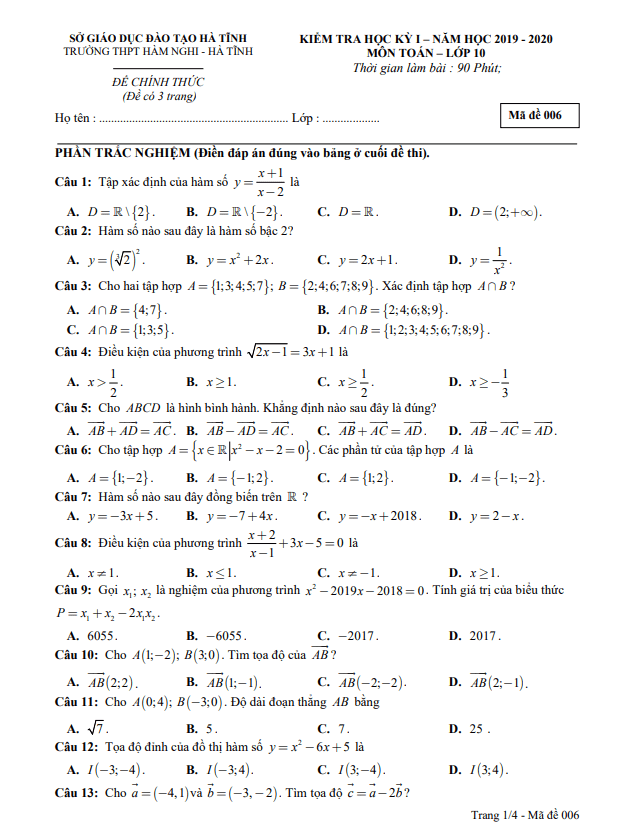 Đề thi học kì 1 (HK1) lớp 10 môn Toán năm 2019 2020 trường THPT Hàm Nghi Hà Tĩnh