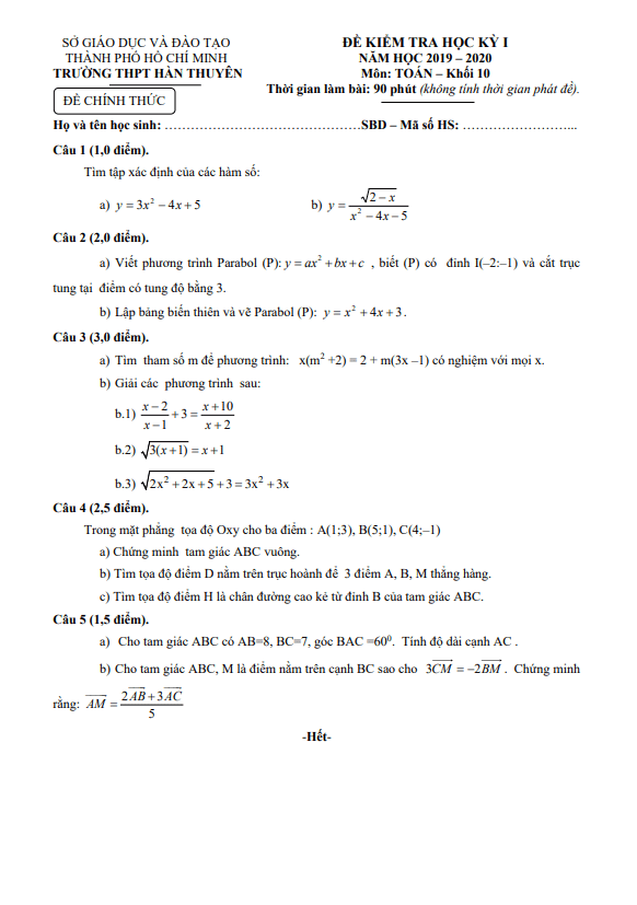 Đề thi học kì 1 (HK1) lớp 10 môn Toán năm 2019 2020 trường THPT Hàn Thuyên TP HCM