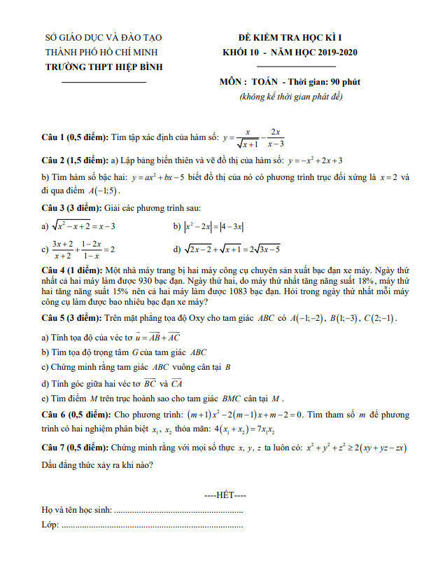 Đề thi học kì 1 (HK1) lớp 10 môn Toán năm 2019 2020 trường THPT Hiệp Bình TP HCM