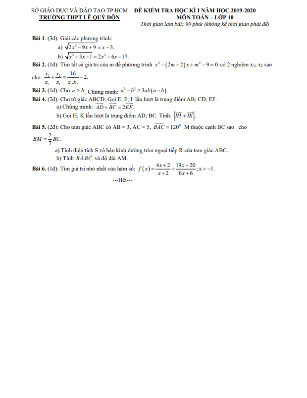 Đề thi học kì 1 (HK1) lớp 10 môn Toán năm 2019 2020 trường THPT Lê Quý Đôn TP HCM