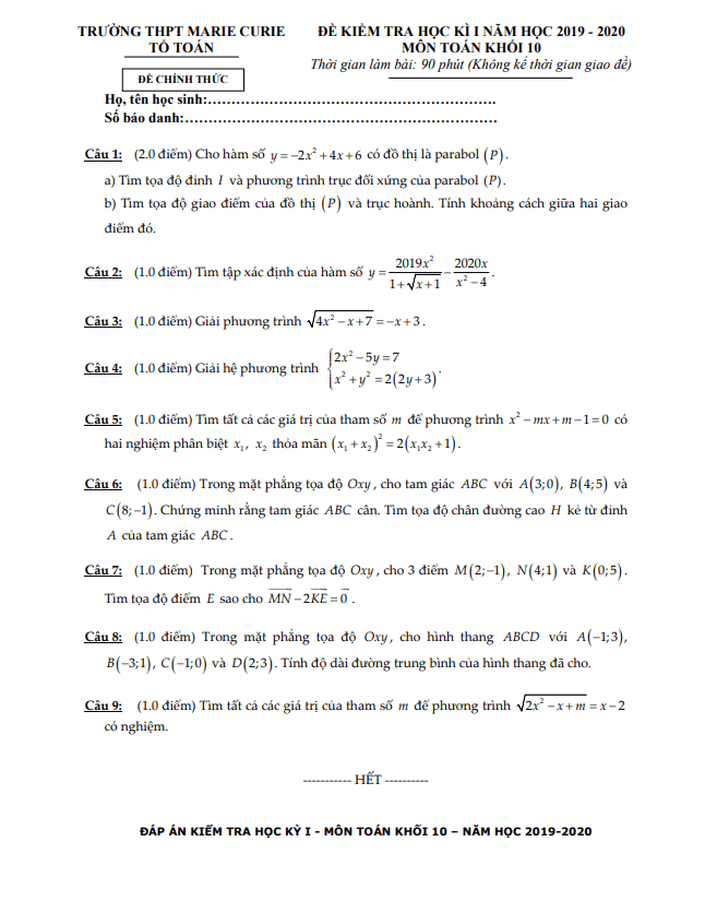 Đề thi học kì 1 (HK1) lớp 10 môn Toán năm 2019 2020 trường THPT Marie Curie TP HCM