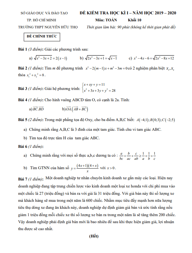 Đề thi học kì 1 (HK1) lớp 10 môn Toán năm 2019 2020 trường THPT Nguyễn Hữu Thọ TP HCM