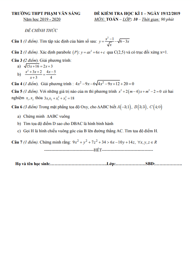 Đề thi học kì 1 (HK1) lớp 10 môn Toán năm 2019 2020 trường THPT Phạm Văn Sáng TP HCM