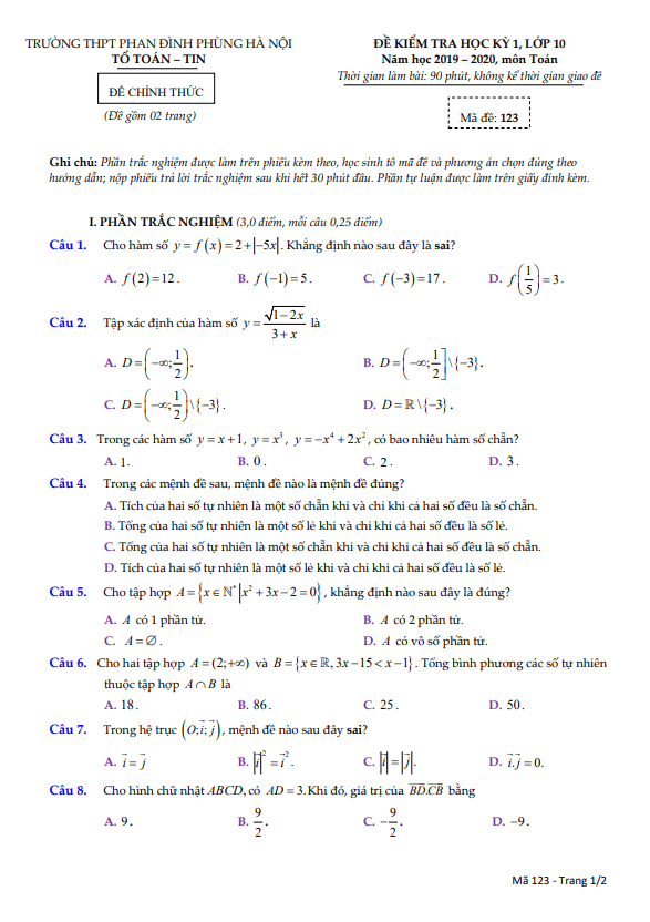 Đề thi học kì 1 (HK1) lớp 10 môn Toán năm 2019 2020 trường THPT Phan Đình Phùng Hà Nội