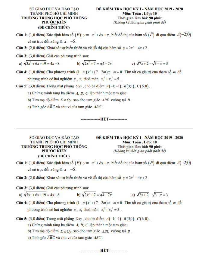 Đề thi học kì 1 (HK1) lớp 10 môn Toán năm 2019 2020 trường THPT Phước Kiển TP HCM