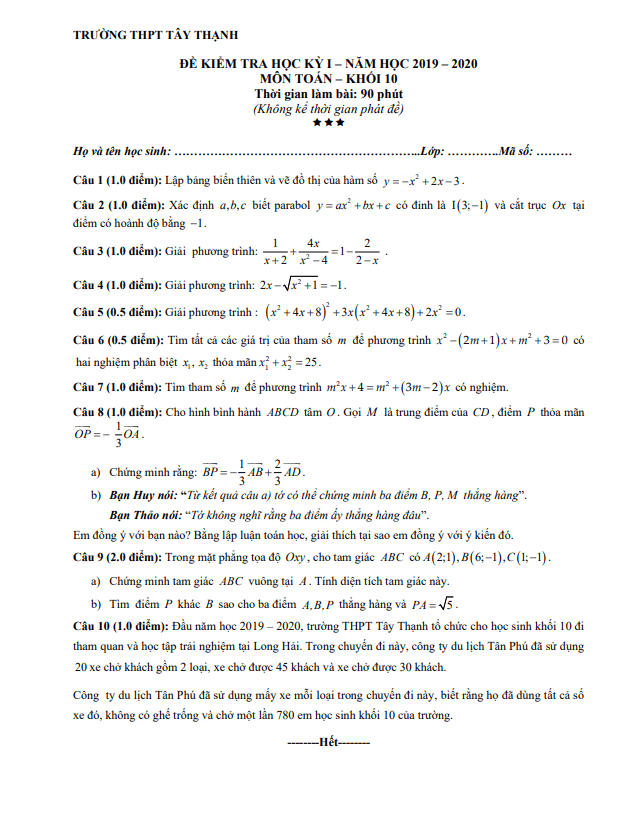 Đề thi học kì 1 (HK1) lớp 10 môn Toán năm 2019 2020 trường THPT Tây Thạnh TP HCM