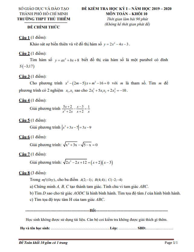 Đề thi học kì 1 (HK1) lớp 10 môn Toán năm 2019 2020 trường THPT Thủ Thiêm TP HCM