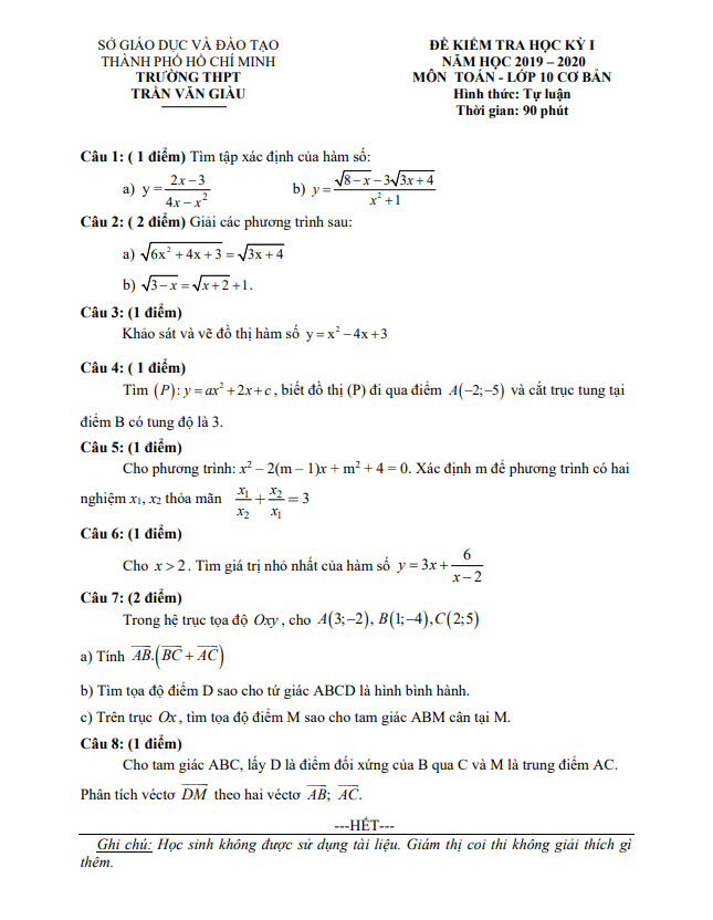 Đề thi học kì 1 (HK1) lớp 10 môn Toán năm 2019 2020 trường THPT Trần Văn Giàu TP HCM