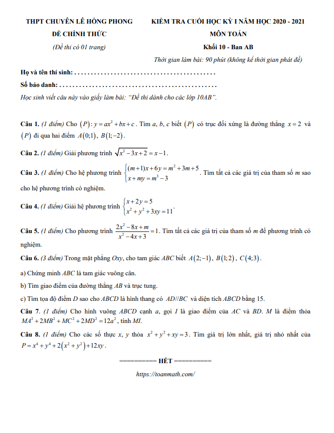 Đề thi học kì 1 (HK1) lớp 10 môn Toán năm 2020 2021 trường chuyên Lê Hồng Phong TP HCM