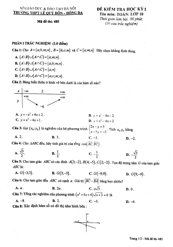 Đề thi học kì 1 (HK1) lớp 10 môn Toán năm 2020 2021 trường THPT Lê Quý Đôn Hà Nội