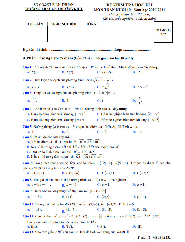 Đề thi học kì 1 (HK1) lớp 10 môn Toán năm 2020 2021 trường THPT Lý Thường Kiệt Bình Thuận