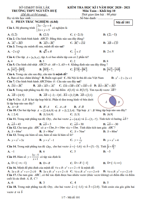Đề thi học kì 1 (HK1) lớp 10 môn Toán năm 2020 2021 trường THPT Nguyễn Huệ Đắk Lắk