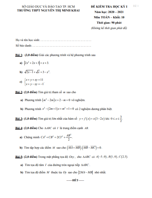 Đề thi học kì 1 (HK1) lớp 10 môn Toán năm 2020 2021 trường THPT Nguyễn Thị Minh Khai TP HCM